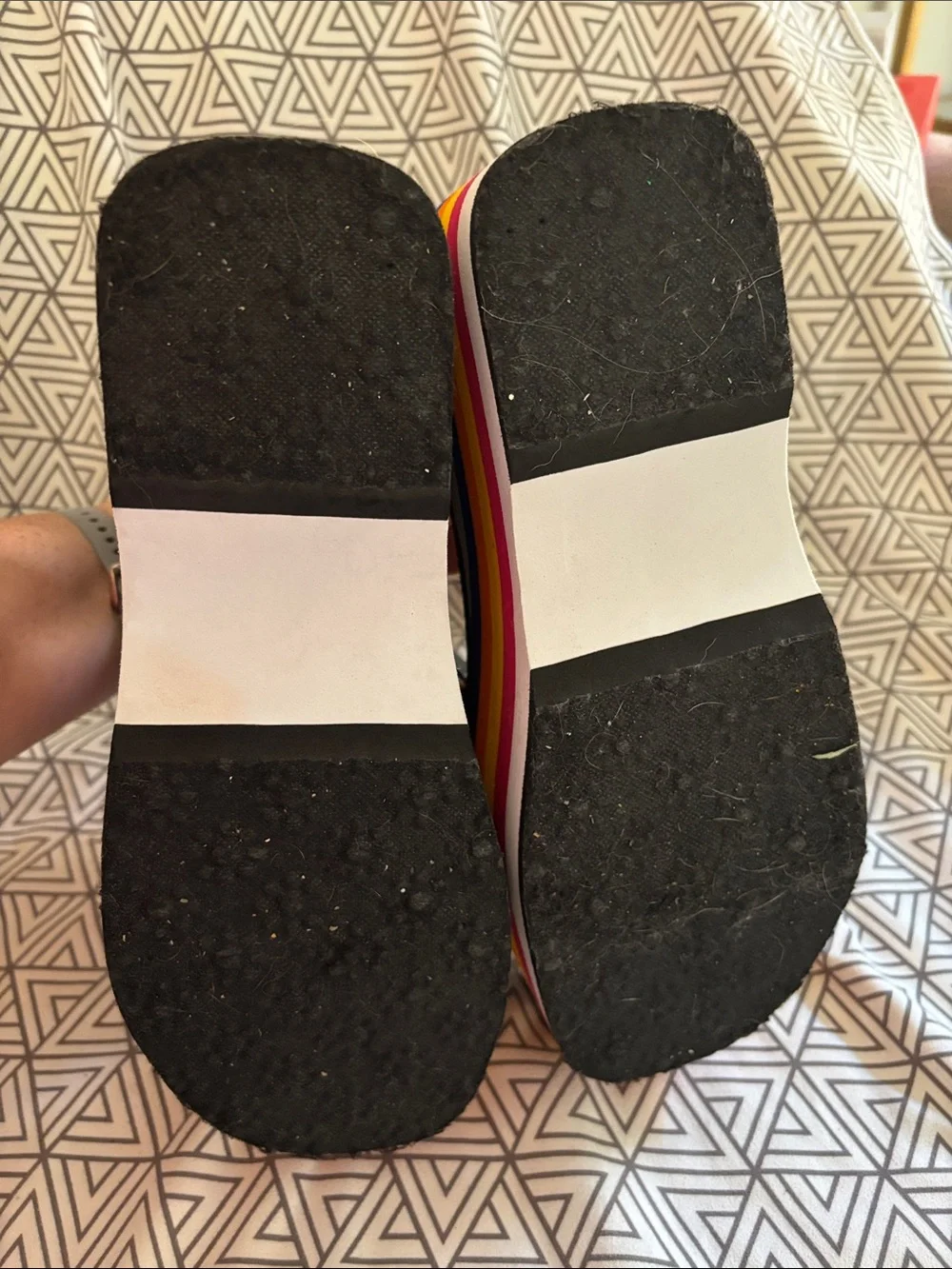 Rocket Dog Black Platform Sandals with Multicolor Rainbow Stripes
